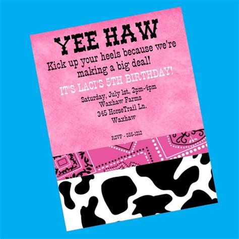 Girls Cowgirl Country Western Pink Bandana Cow Print Invitation