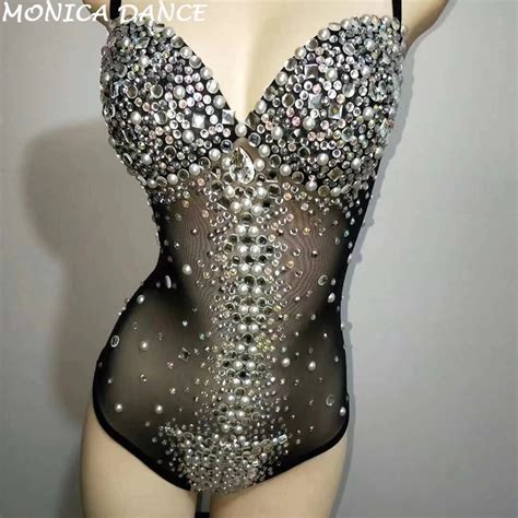 Nightclub Stage Costume Black Sparkly Rhinestones Bodysuit Sexy See