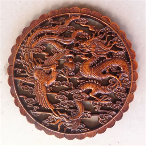 Chinese Art Camphorwood wood carving dragon phoenix sculpture statue ...