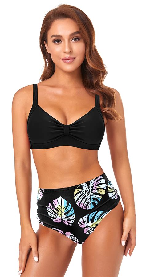 Shekini Women S High Waist Bathing Suit Ruched Bralette Bikini Two