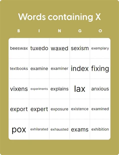 Words Containing X Bingo Card Creator