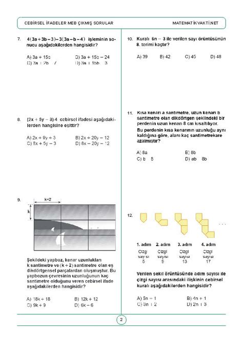 S N F Cebirsel Fadeler Meb Km Sorular Matematik Vakti