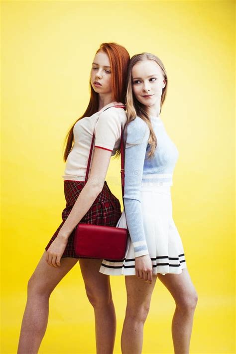 Lifestyle People Concept Two Pretty Young School Teenage Girls Having