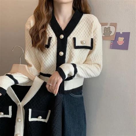 Jual YURUMA Korea V Neck Long Sleeved Knit Sweater Kontras Warna