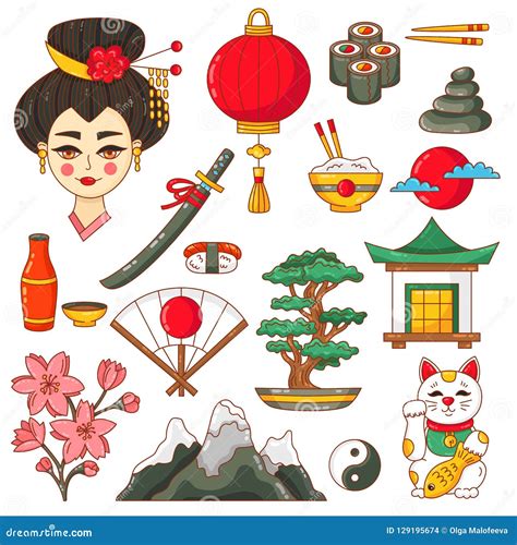 Japan Traditional National Symbols Vector Set Stock Vector