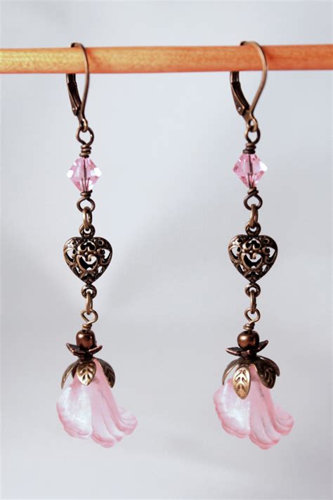 Pink And Antiqued Brass Flower Dangle Earrings On Luulla