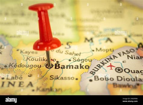 Location Bamako in Mali, map with push pin closeup, travel and journey ...