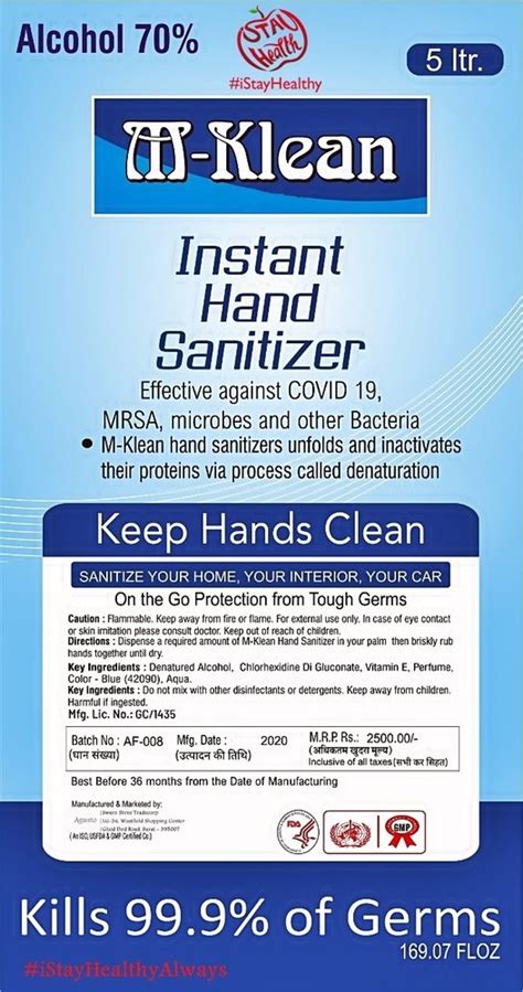 Istayhealthy Hand Cleaner Sanitizer Who Fda Gmp Iso Approved With