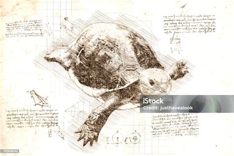 Da Vinci Style Sketch Of Walking Asian Turtle Stock Illustration