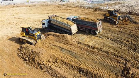 Incredible Two Bulldozer Pushed And Move Soils With Many Dump Trucks