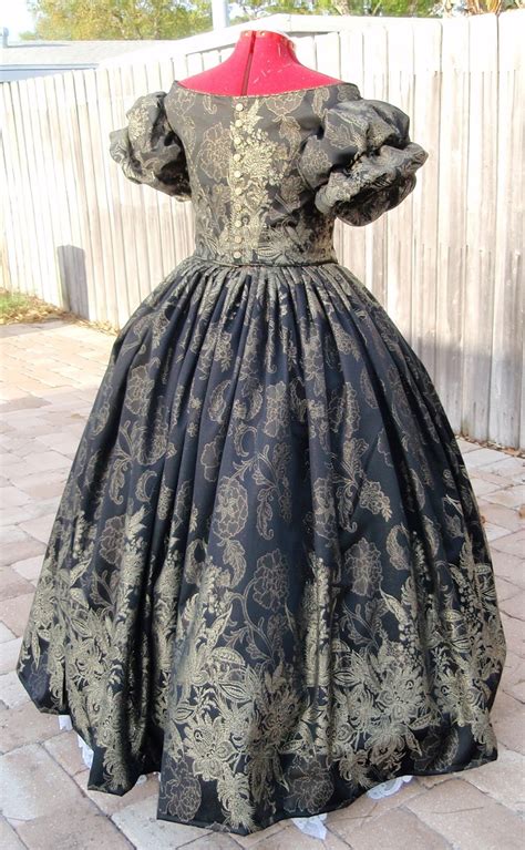 The Antique Sewist 1850s Ball Gown Separates Black And Gold Jacquard