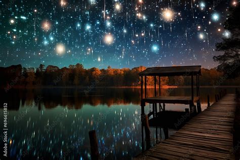 Serene Lakeside Scene At Dusk With Wooden Dock Twinkling Stars And