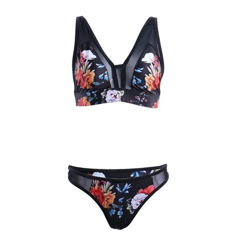 Itfabs Sexy Women Bikini Mesh See Through Floral Swimwear Push Up