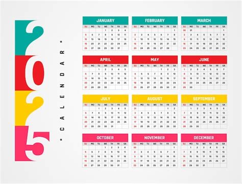 Calendário 2025 Calendário horizontal criativo 2025 em inglês Dias