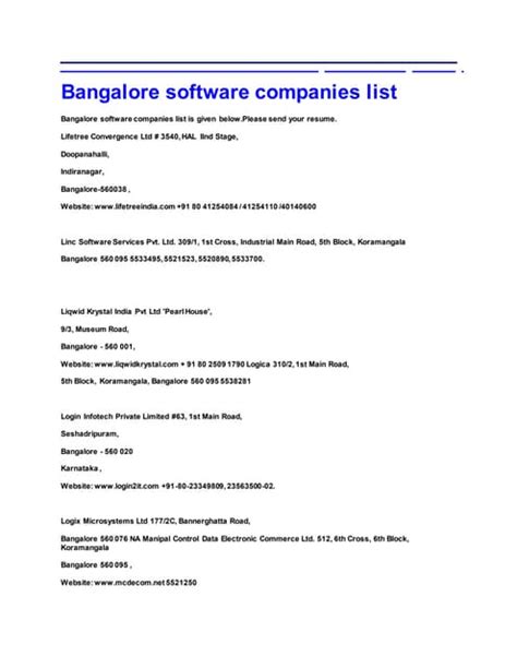 Bangalore Software Companies List Pdf