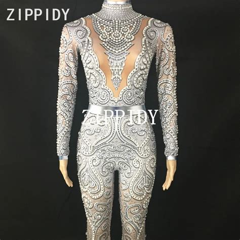 Sexy Jumpsuit Stage Performance Dance Rompers New Arrive Silver Crystals Bodysuit Long Sleeves