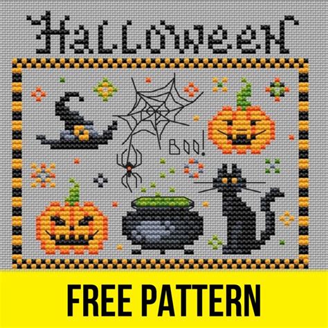 A Cross Stitch Pattern For Halloween With Pumpkins And Witches