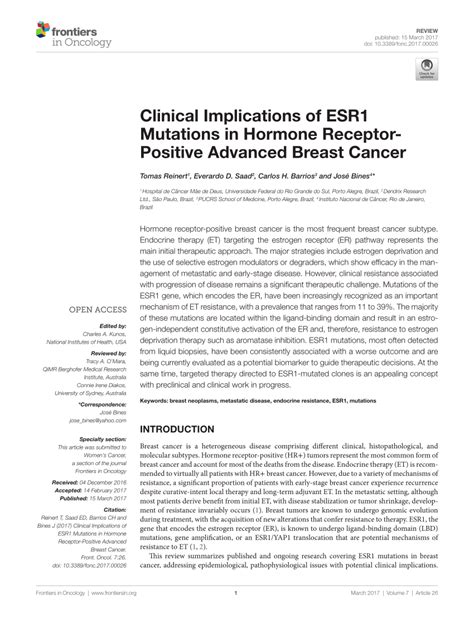 Pdf Clinical Implications Of Esr1 Mutations In Hormone Receptor Positive Advanced Breast Cancer