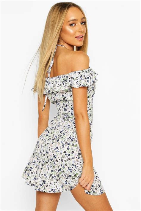 Ditsy Floral Off Shoulder Ruffle Mini Dress Boohoo Mini Dress