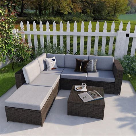 Uixe B23 Chocolate Wicker Outdoor Sectional Set With Gray Cushions