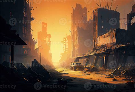 illustration painting of destroyed Abandoned City, Zombie Apocalypse ...