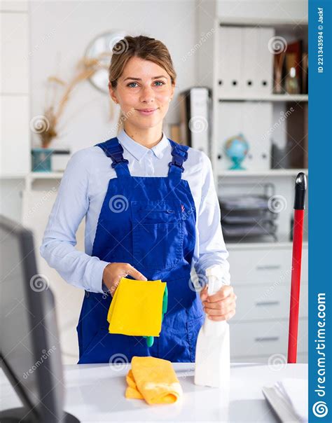 Female Cleaner in Protective Uniform at Office Stock Photo - Image of ...