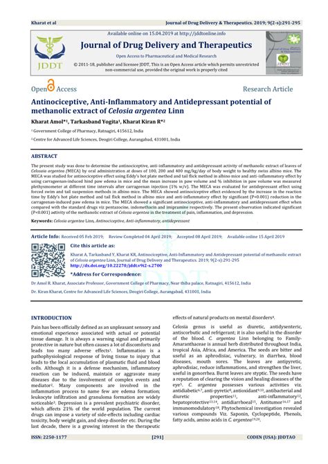 Pdf Antinociceptive Anti Inflammatory And Antidepressant Potential