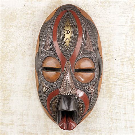 Unicef Market Hand Carved Wood Aluminum Brass African Mask From Ghana