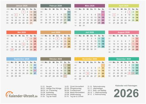 Kalender 2026 mit Feiertagen