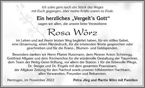 Traueranzeigen von Rosa Wörz Augsburger Allgemeine Zeitung