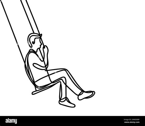 Man Swinging On A Swing In Continuous Line Art Drawing Style Black