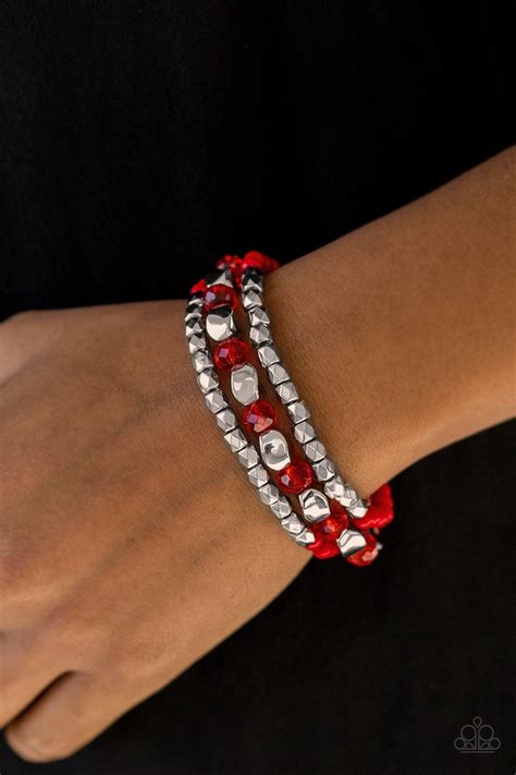 Paparazzi Beaded Bravado Red And Silver Bead Stretchy Bracelet