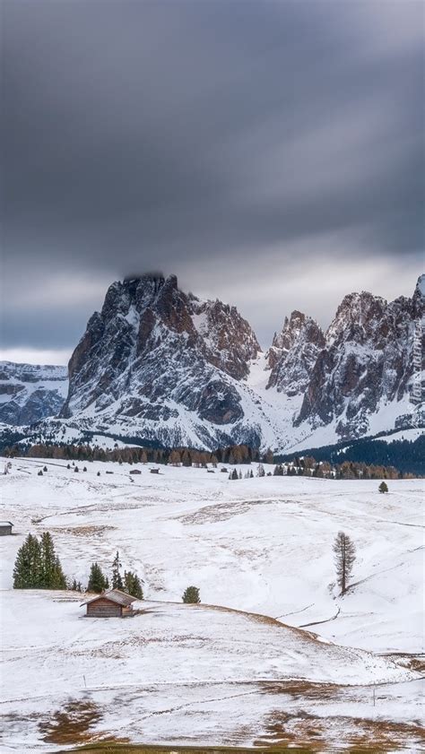 Drewniane domy na płaskowyżu Seiser Alm w Dolomitach Tapeta na telefon