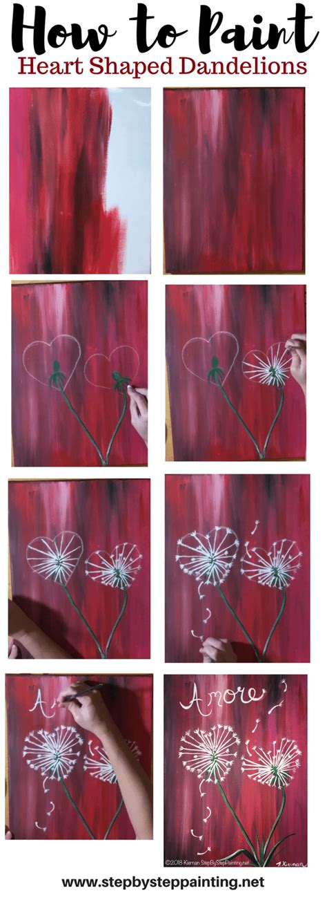 How To Paint Heart Shape Dandelions Step By Step Painting Painted Hearts Canvas Painting