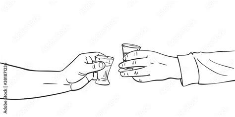 Two Hands Clinking Shot Glasses With Alcohol Drink Vector Sketch Hand