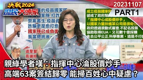 親綠學者嘆：指揮中心淪股價炒手 高端63案簽結歸零 能掃百姓心中疑慮？ Part 1 20231107 決戰2024庶民大頭家 哈遠儀