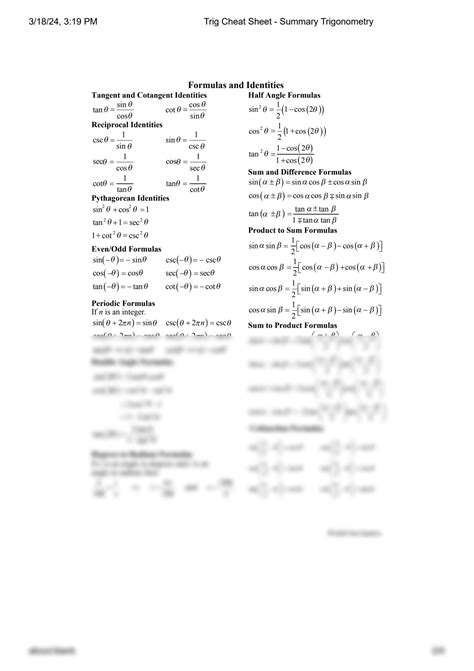 SOLUTION Trig Cheat Sheet Summary Trigonometry Studypool