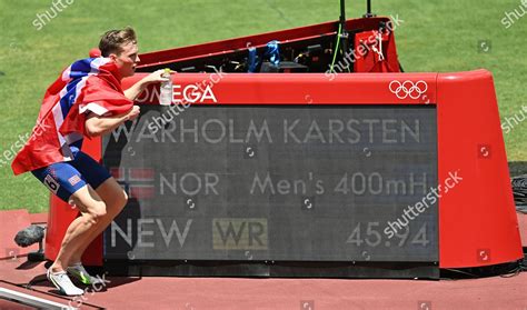 Karsten Warholm Norway Poses Next Scoreboard Editorial Stock Photo