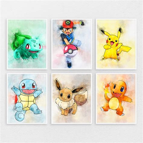 Pokemon Print Set Of 6 Pokemon Go Nursery Wall Art Watercolor Etsy