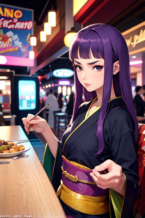 Anime Skinny Small Tits 50s Age Serious Face Purple Hair Straight Hair Style Light Skin Vintage