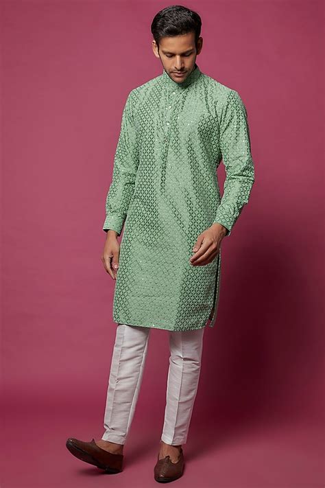 Aqua Green Slub Silk Embroidered Kurta Set By Rng Safawala Men At