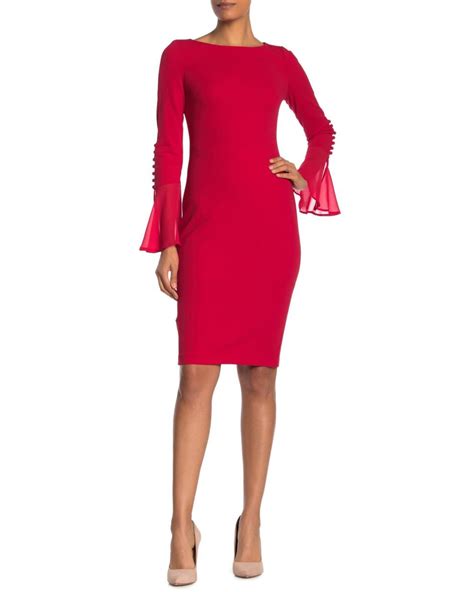 Calvin Klein Chiffon Bell Sleeve Sheath Dress In Red Lyst