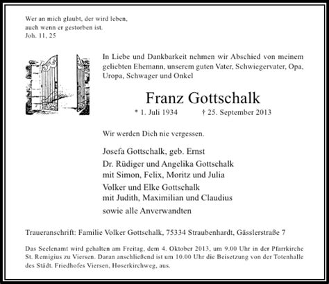 Alle Traueranzeigen F R Franz Gottschalk Trauer Rp Online De