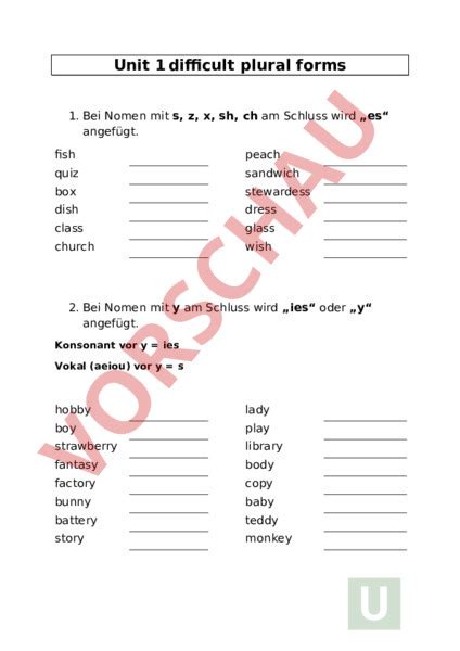 Arbeitsblatt Plurals Unit 1 YW Englisch Grammatik