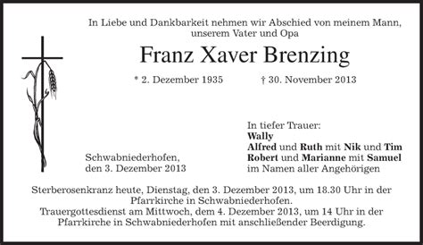 Traueranzeigen Von Xaver Brenzing Trauer Merkur De