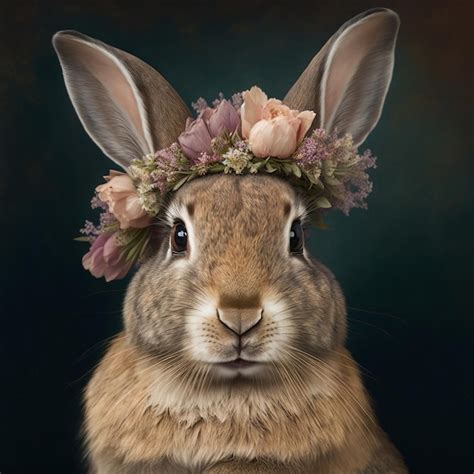 Premium Photo Cute Bunny With Flower Crown Close Up View Generative Ai