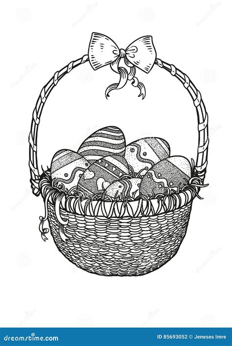 Easter Eggs In A Basket With Ribbon Illustration Drawing Engraving