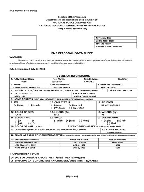 Pnp Personal Data Sheet I General Information Pdf Law Enforcement