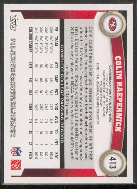 2011 Topps Colin Kaepernick Rookie Card RC 413 49ers A EBay