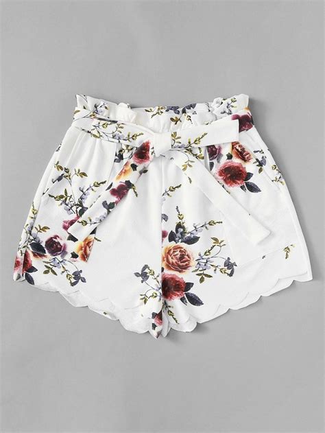 Frilled Waist Scalloped Floral Shorts Shein Sheinside Floral Shorts